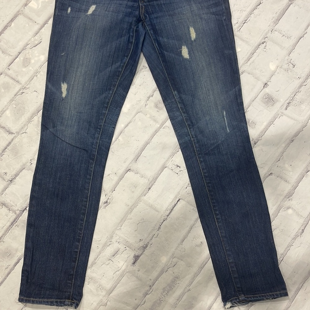 Paige Skyline Mid-Rise Jeans Light Distressing Skinny Straight Dark Wash Denim - Picture 3 of 11